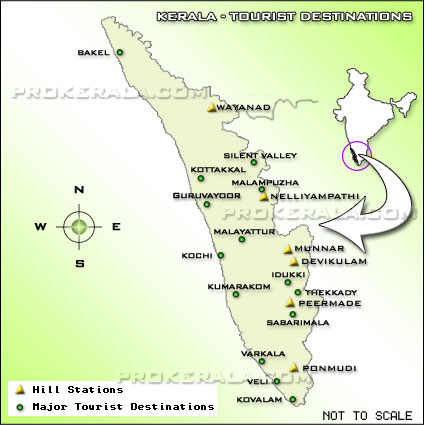 Kerala Tourism Map - Tourist Map of Kerala, Kerala Tourism, Backwaters of Kerala, Hill stations and other Tourist destinations in Kerala